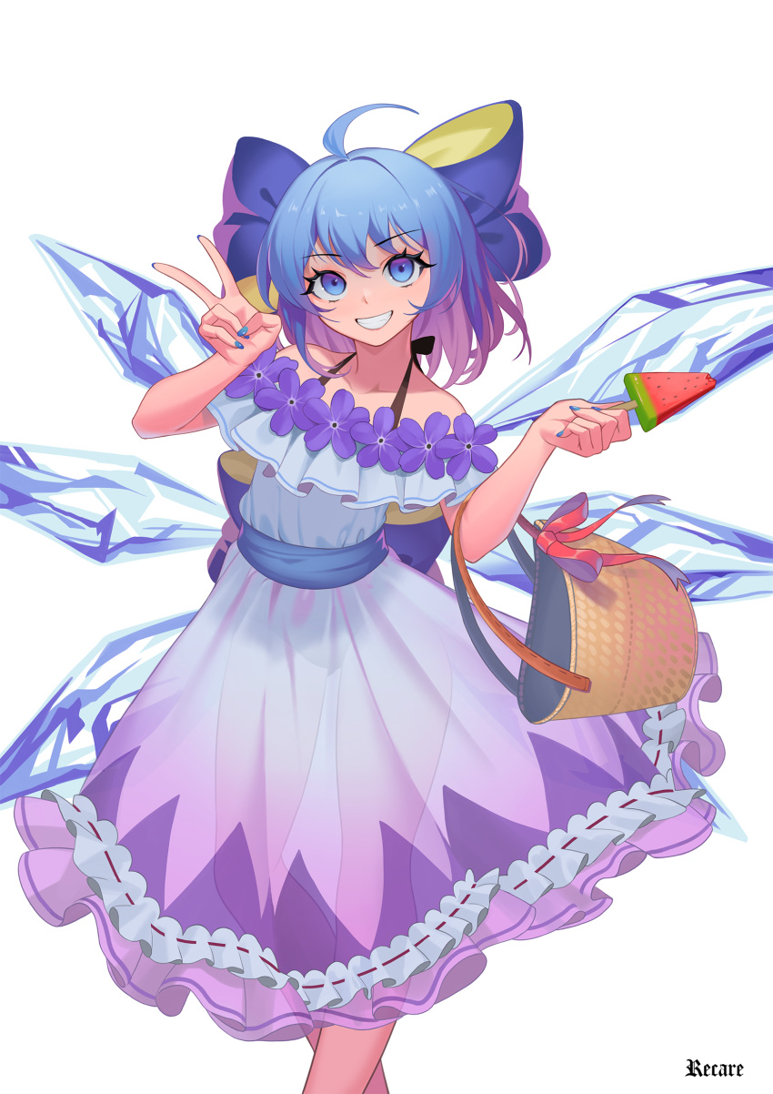 1girl :d ahoge alternate_costume arm_up bare_shoulders basket blue_eyes blue_hair blue_nails bow bra_strap cirno collarbone commission detached_wings dress feet_out_of_frame fingernails flower flower_trim food frilled_dress frills grin hair_bow highres holding holding_food ice ice_wings large_bow long_fingernails multicolored_hair nail_polish off-shoulder_dress off_shoulder open_mouth popsicle purple_bow purple_dress purple_flower purple_hair recare red_ribbon ribbon short_hair simple_background smile solo standing teeth touhou two-tone_hair v watermelon_bar white_background wings