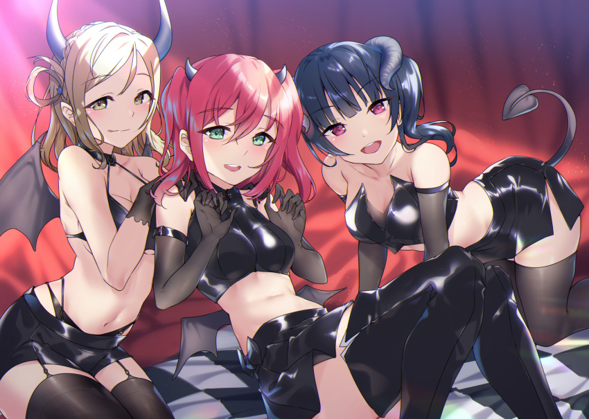 3girls all_fours bare_shoulders blonde_hair blue_hair breasts closed_mouth commentary_request demon_girl detached_sleeves eyebrows_visible_through_hair garter_straps highres horns kurosawa_ruby large_breasts latex looking_at_viewer love_live! love_live!_sunshine!! medium_breasts multiple_girls ohara_mari open_mouth redhead short_shorts shorts small_breasts succubus tail thigh-highs tsushima_yoshiko wings yamaori_(yamaorimon)