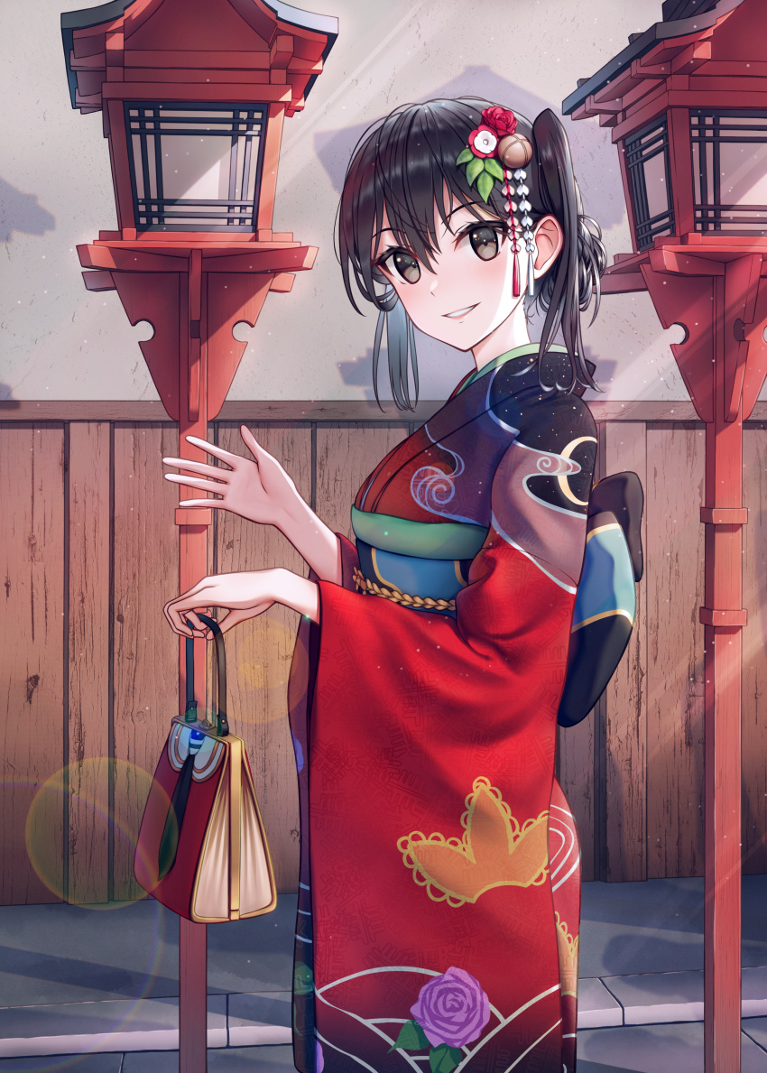 1girl absurdres black_hair blush brown_eyes eyebrows_visible_through_hair floral_print hair_between_eyes highres holding huge_filesize japanese_clothes kantai_collection kimono long_hair long_sleeves looking_at_viewer obi print_kimono rankebu red_kimono revision sash sendai_(kantai_collection) smile two_side_up wide_sleeves