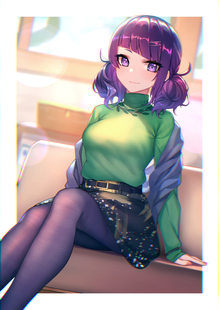 1girl bangs belt black_skirt blunt_bangs blurry blurry_background border breasts chromatic_aberration closed_mouth commentary couch day diagonal_bangs feet_out_of_frame fingernails green_sweater hair_ornament hairclip highres hrtyuk idolmaster idolmaster_shiny_colors light_smile long_sleeves looking_at_viewer low_twintails medium_breasts medium_hair miniskirt on_couch outside_border pantyhose print_skirt purple_hair purple_legwear shawl shiny shiny_hair short_twintails sitting skirt sleeves_past_wrists solo sweater tanaka_mamimi turtleneck turtleneck_sweater twintails violet_eyes white_border window