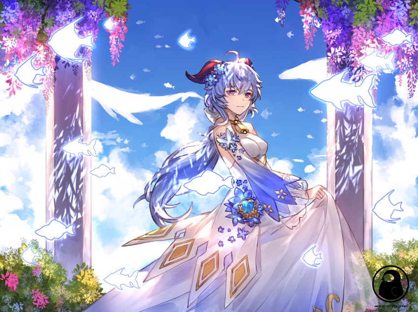 absurdres bell blue_hair breasts chubit001 clouds cowbell detached_sleeves dress fish ganyu_(genshin_impact) genshin_impact highres holding holding_clothes holding_dress horns long_hair medium_breasts sky violet_eyes wedding_dress