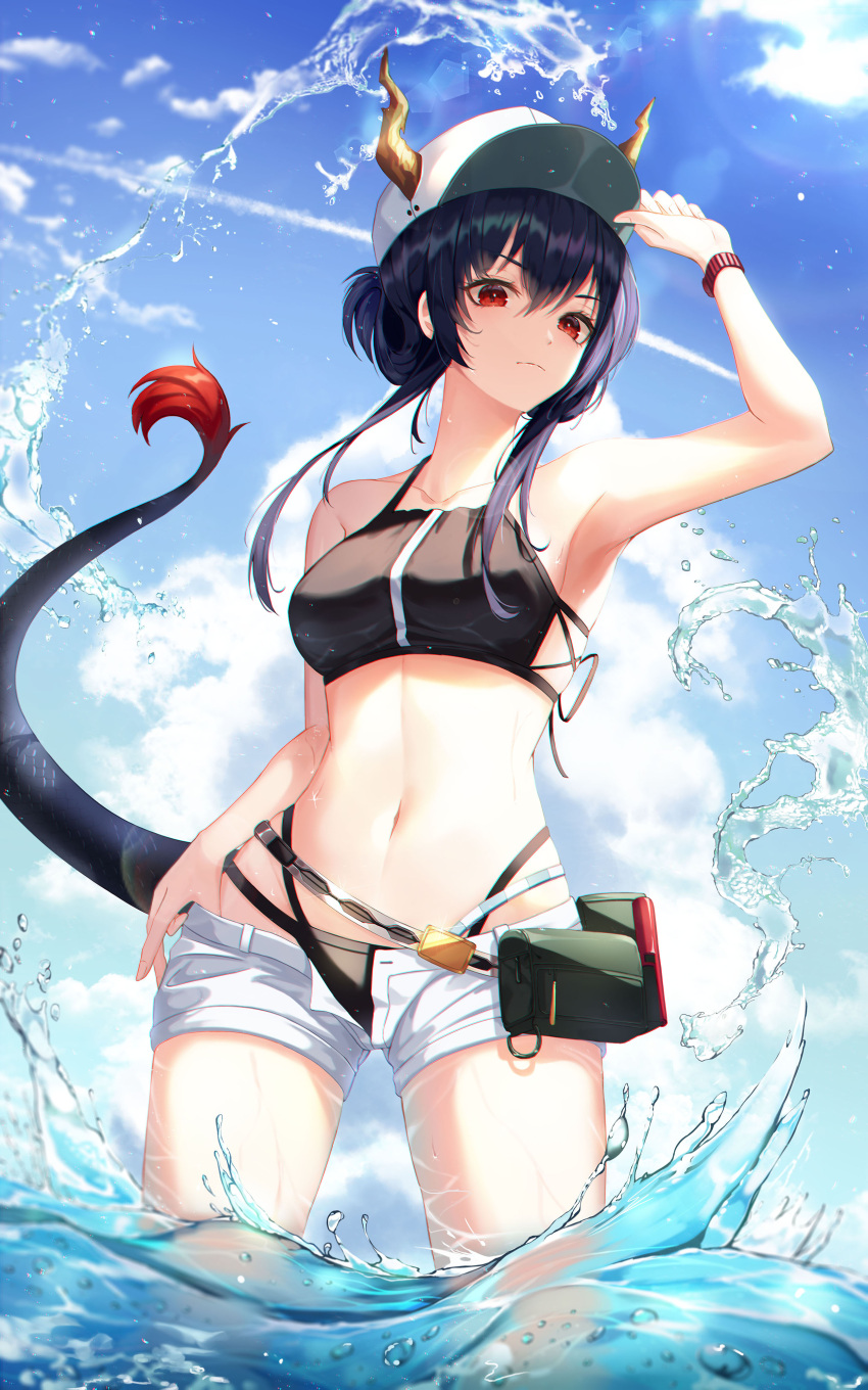 1girl absurdres arknights arm_up armpits bangs bare_arms bare_shoulders baseball_cap bikini black_bikini blue_hair blue_sky breasts ch'en_(arknights) clouds commentary_request cowboy_shot day dragon_horns dragon_tail fall_(aki) female_tourist_c_(arknights) hair_between_eyes hat highres horns horns_through_headwear long_hair looking_at_viewer medium_breasts navel open_fly outdoors pouch red_eyes short_shorts shorts sky solo standing stomach swimsuit tail thighs wading water white_shorts