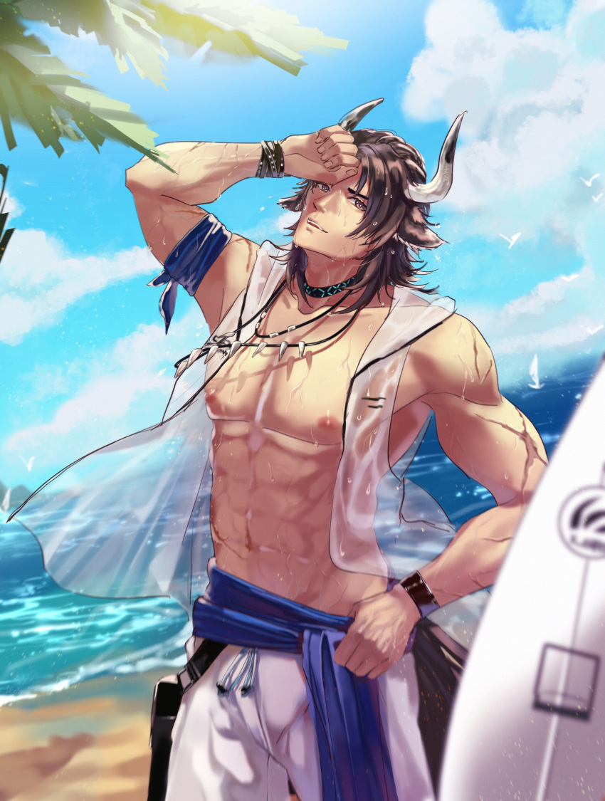 1boy abs absurdres animal_ears arknights bare_pecs beach brown_eyes brown_hair bulge cow_boy cow_ears cow_horns cowboy_shot day earrings gengetsu_(14255909) head_tilt highres horns jewelry looking_at_viewer male_focus male_swimwear matterhorn_(arknights) matterhorn_(beach_guard)_(arknights) medium_hair muscular muscular_male navel nipples outdoors pectorals see-through shorts solo stomach surfboard swim_trunks swimwear tooth_necklace wet wet_clothes white_shorts