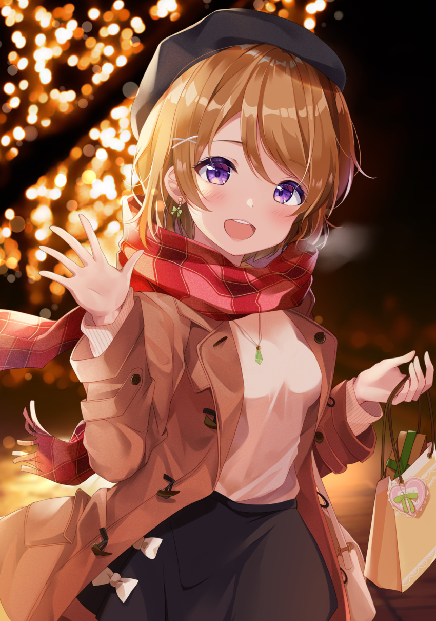 1girl :d bag bangs beige_coat beret black_headwear black_skirt blurry blurry_background blush bow bow_earrings breasts breath coat depe earrings gift gift_bag green_bow hair_ornament hat heart highres holding holding_bag jewelry koizumi_hanayo light_brown_hair light_particles long_sleeves looking_at_viewer love_live! love_live!_sunshine!! medium_breasts night open_clothes open_coat open_mouth outdoors pink_shirt plaid plaid_scarf red_scarf scarf shirt short_hair skirt smile solo upper_body upper_teeth violet_eyes waving white_bow x_hair_ornament