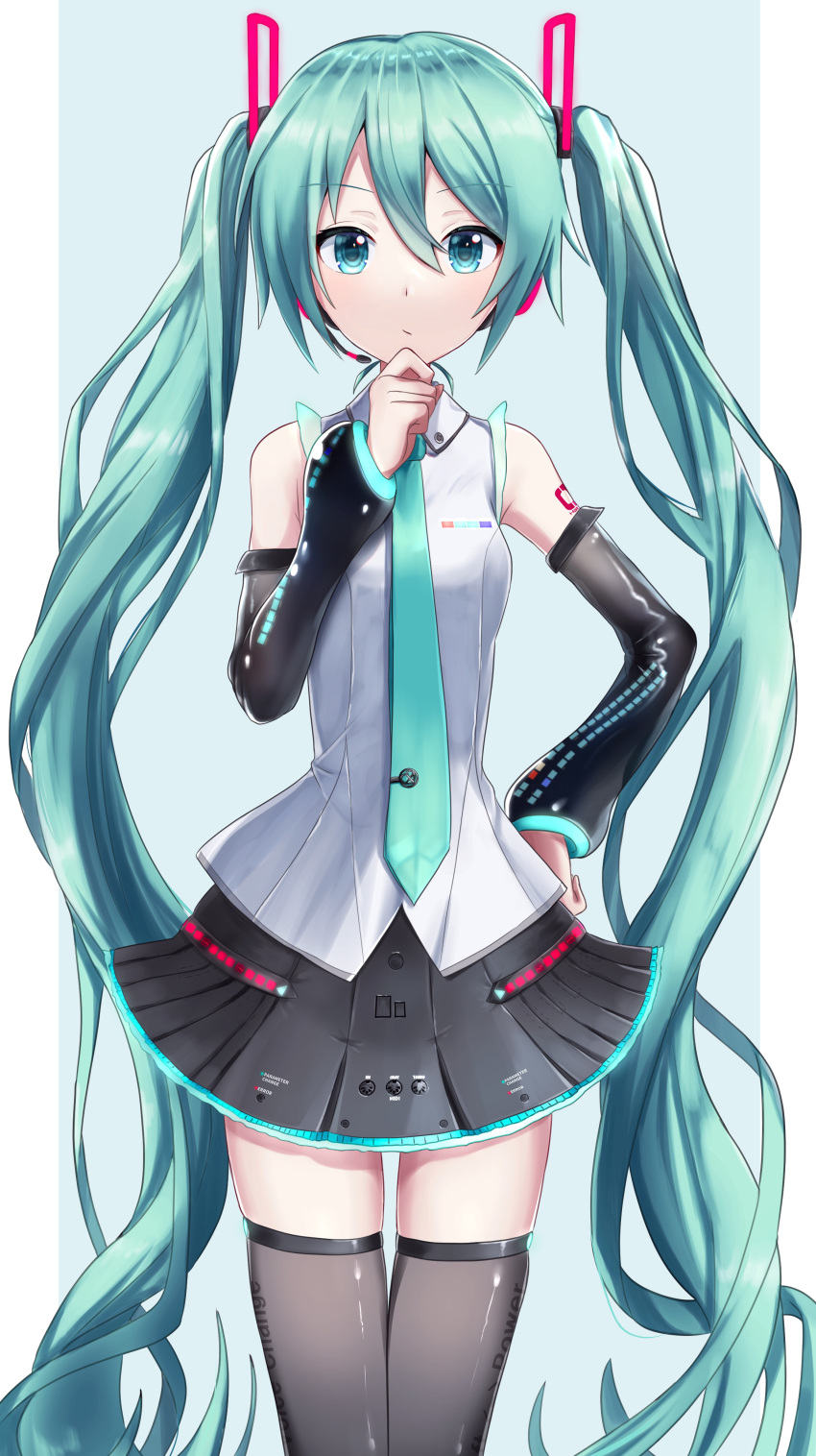 1girl absurdres aqua_eyes aqua_hair aqua_neckwear bare_shoulders black_legwear black_skirt black_sleeves closed_mouth clothes_writing commentary cowboy_shot detached_sleeves english_commentary glowing hair_ornament hand_on_hip hand_on_own_chin hatsune_miku hatsune_miku_(vocaloid4) headphones headset highres itogari long_hair looking_at_viewer miniskirt necktie pleated_skirt see-through_legwear see-through_sleeves shirt shoulder_tattoo skindentation skinny skirt sleeveless sleeveless_shirt solo tattoo thigh-highs thinking twintails v4x very_long_hair vocaloid white_shirt zettai_ryouiki