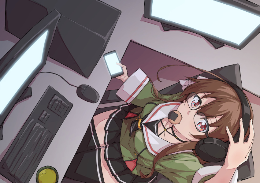 .live 1girl absurdres bespectacled brown_hair cellphone chair collarbone commentary_request computer cookie food food_in_mouth glasses headband headphones highres keyboard long_hair looking_at_viewer monitor mouse_(computer) phone red_eyes sakuria school_uniform solo tea virtual_youtuber yaezawa_natori