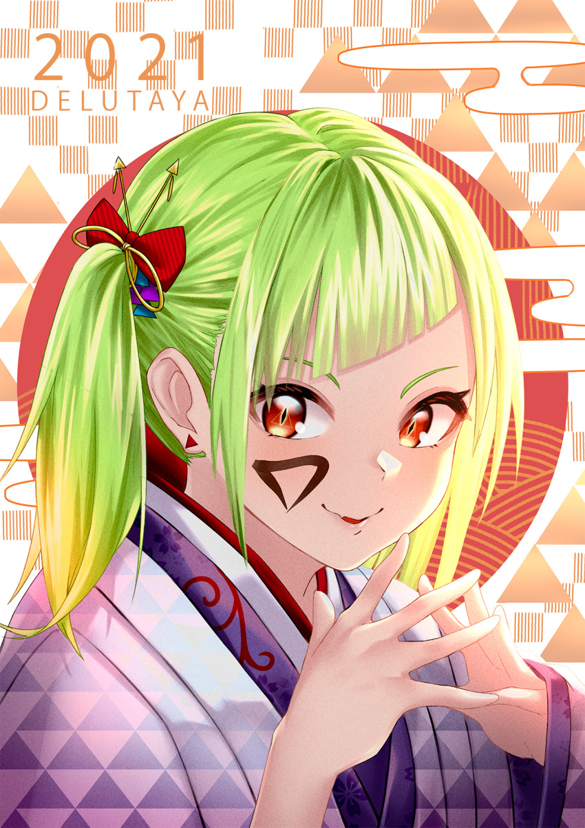 1girl 2021 ahoge akeome bangs bow character_name delutaya diagonal_bangs green_hair hair_bow hair_ornament happy_new_year highres indie_virtual_youtuber japanese_clothes kimono looking_at_viewer mixed-language_commentary new_year rara086 red_bow red_eyes solo triangle_print virtual_youtuber