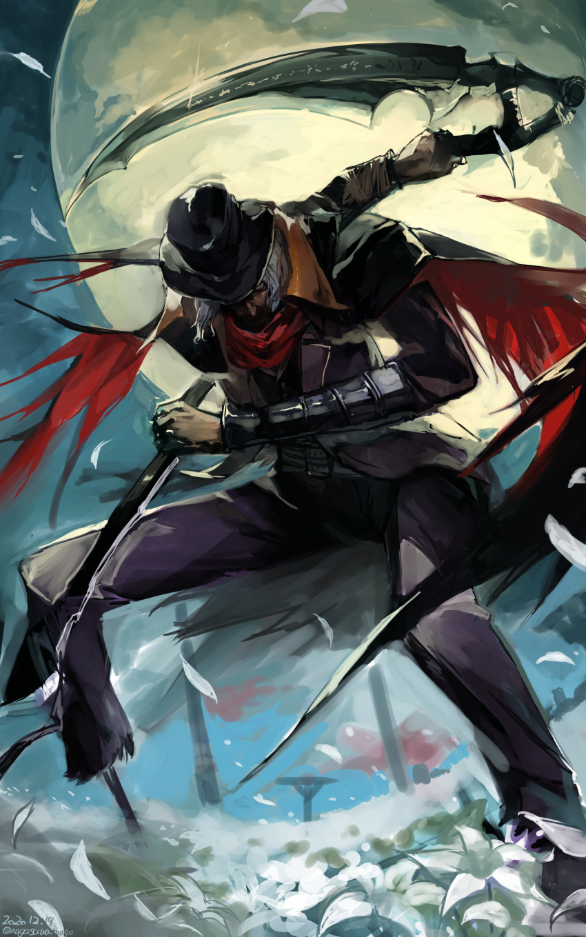 1boy absurdres black_headwear black_pants bloodborne cape dated field flower flower_field full_moon gehrman_the_first_hunter grey_hair hat highres holding holding_scythe holding_weapon male_focus moon nagasawa_tougo night outdoors pants petals scythe solo twitter_username weapon white_flower