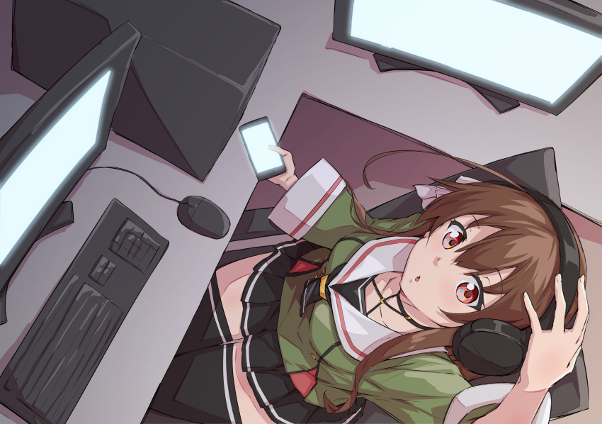 .live 1girl absurdres brown_hair cellphone chair collarbone commentary_request computer headband headphones highres keyboard long_hair looking_at_viewer monitor mouse_(computer) phone red_eyes sakuria school_uniform solo virtual_youtuber yaezawa_natori