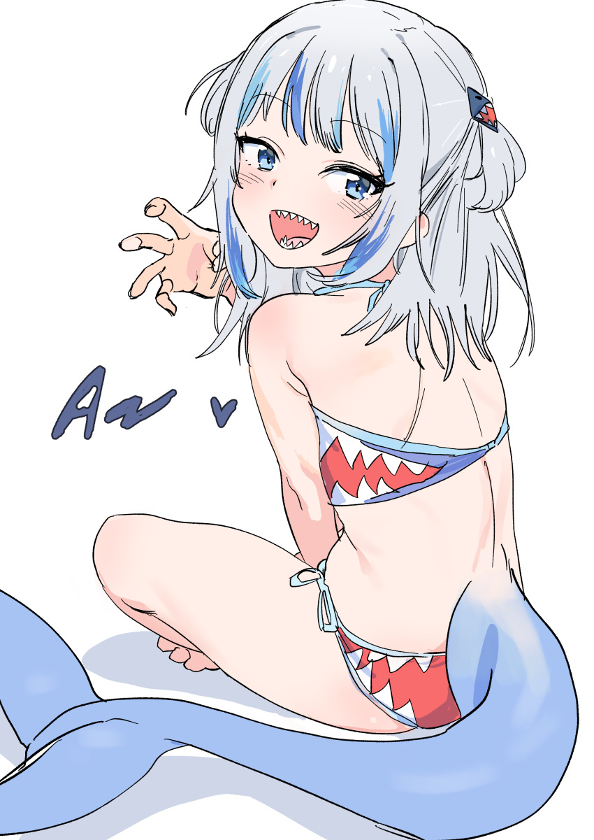1girl absurdres bangs bikini blue_eyes blue_hair blush dorontabi eyebrows_visible_through_hair fish_tail from_behind gawr_gura hair_ornament heart highres hololive hololive_english looking_at_viewer looking_back medium_hair multicolored_hair open_mouth print_bikini shark_print shark_tail sharp_teeth side-tie_bikini side-tie_bottom silver_hair simple_background sitting smile solo streaked_hair swimsuit tail teeth two_side_up virtual_youtuber white_background