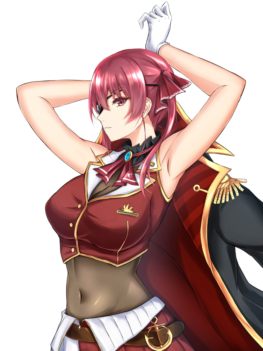 1girl armpits arms_up bangs bare_arms bare_shoulders breasts brooch commentary_request covered_navel eyebrows_visible_through_hair gloves hair_ribbon highres hololive houshou_marine jewelry large_breasts long_hair looking_at_viewer no_hat no_headwear parted_lips piro_(prwtrs) red_neckwear red_ribbon red_vest redhead ribbon simple_background solo upper_body vest white_background white_gloves