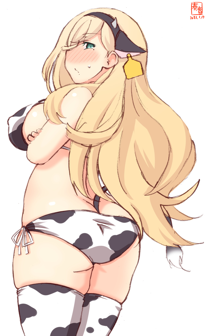 1girl absurdres alternate_costume animal_ears animal_print artist_logo ass bikini blonde_hair blue_eyes blush breasts commentary_request covered_nipples cow_ears cow_horns cow_print cow_tail cowboy_shot crossed_arms dated ear_tag fake_animal_ears fake_horns from_behind hair_between_eyes highres horns kanon_(kurogane_knights) kantai_collection large_breasts long_hair looking_at_viewer mole mole_under_eye mole_under_mouth richelieu_(kantai_collection) side-tie_bikini simple_background solo swimsuit tail white_background white_bikini