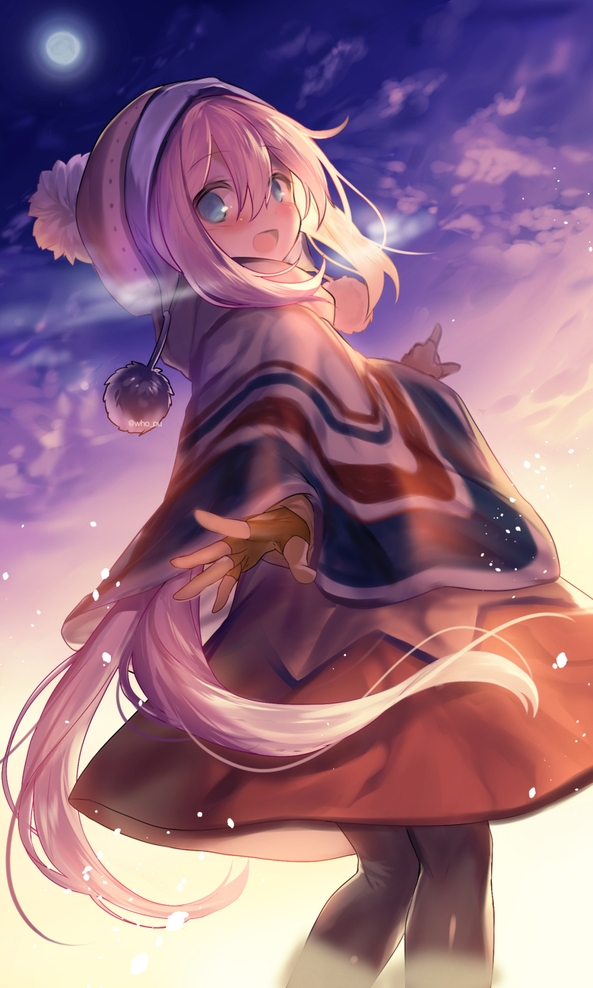 1girl :d absurdres black_legwear blue_eyes blush clouds cloudy_sky dress fuupu hat highres kagamihara_nadeshiko long_hair looking_at_viewer looking_back moon open_mouth pantyhose pink_hair sky smile solo standing sunrise yurucamp