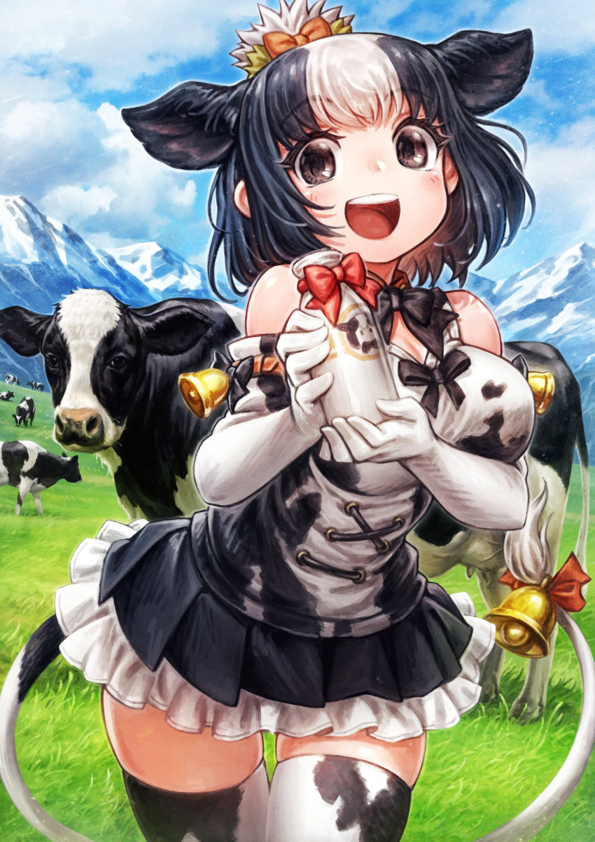 1girl animal_ears animal_print bare_shoulders bell black_hair black_neckwear black_skirt blush bottle bow bowtie commentary_request cow cow_ears cow_girl cow_print cow_tail elbow_gloves extra_ears eyebrows_visible_through_hair frilled_skirt frills glove_bow gloves hair_bow hair_bun highres holstein_friesian_cattle_(kemono_friends) kemono_friends lain looking_at_viewer milk_bottle multicolored_hair open_mouth orange_bow pleated_skirt print_gloves print_legwear print_shirt red_bow shirt short_hair skirt sleeveless solo tail tail_bell tail_bow tail_ornament thigh-highs two-tone_hair zettai_ryouiki