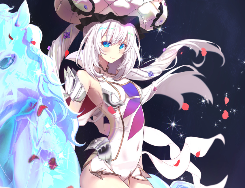 1girl bangs bare_shoulders blue_eyes closed_mouth covered_navel cowboy_shot dress drill_hair eyebrows_visible_through_hair fate/grand_order fate_(series) from_side headgear high_collar light_blush long_hair looking_at_viewer marie_antoinette_(fate/grand_order) microdress raised_eyebrows silver_hair simple_background skin_tight smile solo sparkle twin_drills twintails untue white_dress white_hair