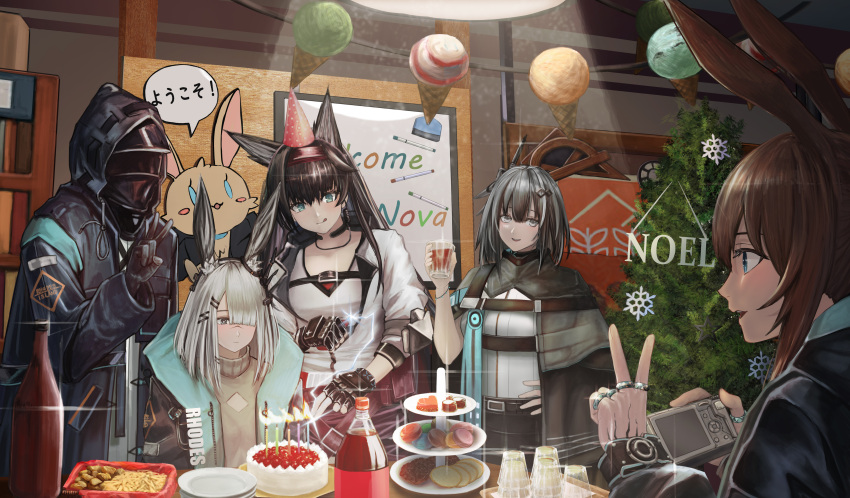 1other 4girls absurdres amiya_(arknights) animal_ears arknights bangs black_gloves black_hair black_jacket blaze_(arknights) blue_eyes blush bottle breasts brown_hair cake camera candle cat_ears commentary_request cup doctor_(arknights) fingerless_gloves food frostnova_(arknights) gloves grey_eyes grey_hair greythroat_(arknights) hair_between_eyes hair_ornament hairband hairclip highres holding holding_camera holding_cup hood hooded_jacket indoors jacket jewelry long_hair long_sleeves glassesno_dokitsui multiple_girls open_clothes open_jacket parted_lips party plate rabbit_ears red_hairband ring scar scar_on_face shelf shirt short_hair sidelocks silver_hair smile translation_request tree upper_body v white_jacket