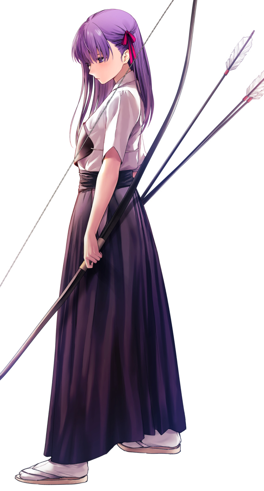 1girl absurdres applekun arrow_(projectile) bangs bow_(weapon) closed_mouth earrings expressionless eyebrows_visible_through_hair fate/stay_night fate_(series) full_body geta hair_ribbon hakama highres holding holding_bow_(weapon) holding_weapon japanese_clothes jewelry long_hair looking_away looking_down matou_sakura muneate pink_ribbon purple_hakama ribbon short_sleeves simple_background solo standing tabi violet_eyes weapon white_background white_legwear