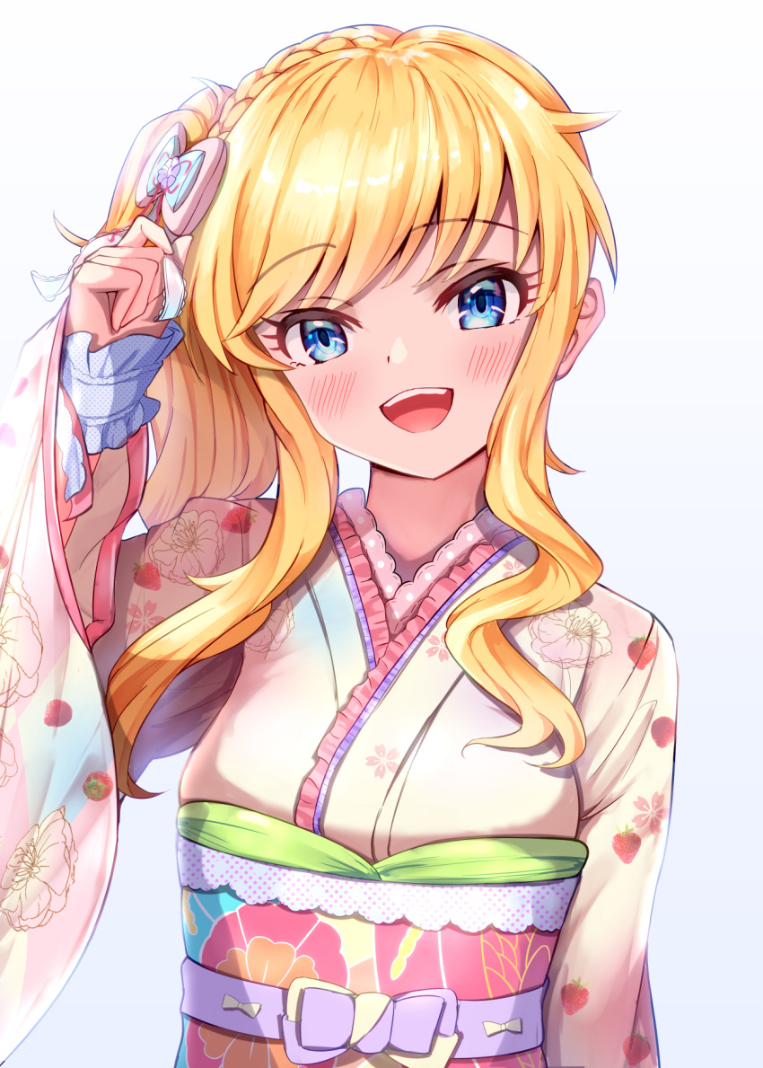 1girl :d bangs blonde_hair blue_eyes blush bow braid breasts eyebrows_visible_through_hair floral_print furisode hair_bow hair_ornament hand_in_hair hand_up highres holding idolmaster idolmaster_cinderella_girls idolmaster_cinderella_girls_starlight_stage japanese_clothes jewelry kimono long_hair long_sleeves looking_at_viewer obi ootsuki_yui open_mouth pink_bow pink_kimono ponytail sash sidelocks simple_background smile solo tied_hair tudon_(donut) upper_body upper_teeth wavy_hair wide_sleeves winter yukata