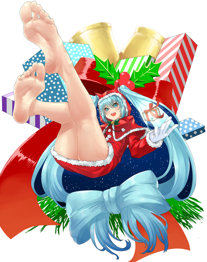 1girl aqua_eyes aqua_hair bangs bare_legs barefoot bell bow box capelet christmas dress eiji_(eiji) feet feet_up fur-trimmed_dress fur-trimmed_headwear fur_trim gift gift_box giving gloves greek_toe hatsune_miku highres hood hood_up hooded_capelet long_hair looking_at_viewer open_mouth red_headwear ribbon skirt smile soles tied_hair toes twintails very_long_hair vocaloid
