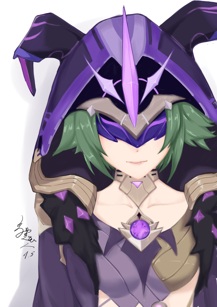 1girl absurdres bare_shoulders bwcloud cloak collarbone diamond_(gemstone) electro_cicin_mage_(genshin_impact) fur-trimmed_sleeves fur_trim gem genshin_impact green_hair highres hood hooded_cloak long_sleeves mask purple_cloak short_hair