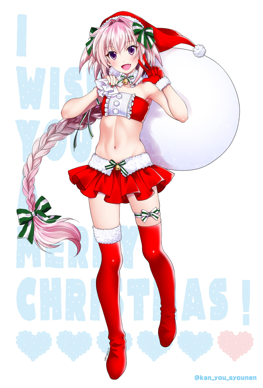 1boy astolfo_(fate) blush bow braid christmas fate/apocrypha fate/grand_order fate_(series) gloves hair_bow hair_intakes happy_new_year highres long_hair looking_at_viewer miniskirt multicolored_hair new_year open_mouth otoko_no_ko pink_hair pleated_skirt single_braid single_glove skindentation skirt smile streaked_hair thigh-highs thigh_strap uraka violet_eyes