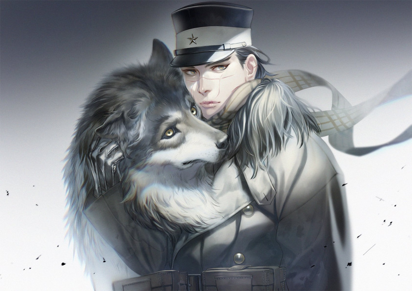 1boy alternate_costume animal black_hair black_sclera body_fur brown_coat brown_eyes buttons coat colored_sclera expressionless golden_kamuy hat highres imperial_japanese_army kepi male_focus military_hat realistic scar scar_on_cheek scar_on_face scar_on_nose scarf short_hair simple_background solo spiky_hair sugimoto_saichi symbolism upper_body w55674570w wolf yellow_eyes yellow_scarf