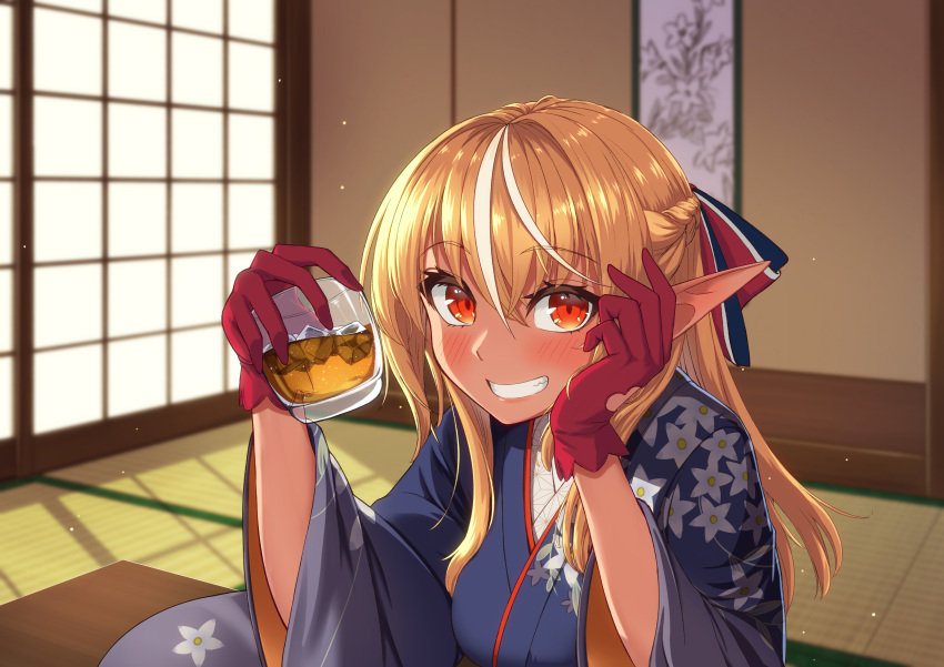 1girl absurdres alcohol architecture bangs blonde_hair blue_kimono blush bow braid cup dark_elf detached_sleeves east_asian_architecture elf eyelashes floral_print gloves grin hair_between_eyes hair_bow hand_on_own_cheek hand_on_own_face hand_up head_rest highres hikachuu6 holding holding_cup hololive japanese_clothes kimono long_hair looking_at_viewer multicolored_hair orange_eyes pointy_ears red_gloves shiranui_flare smile solo streaked_hair tatami upper_body virtual_youtuber wide_sleeves