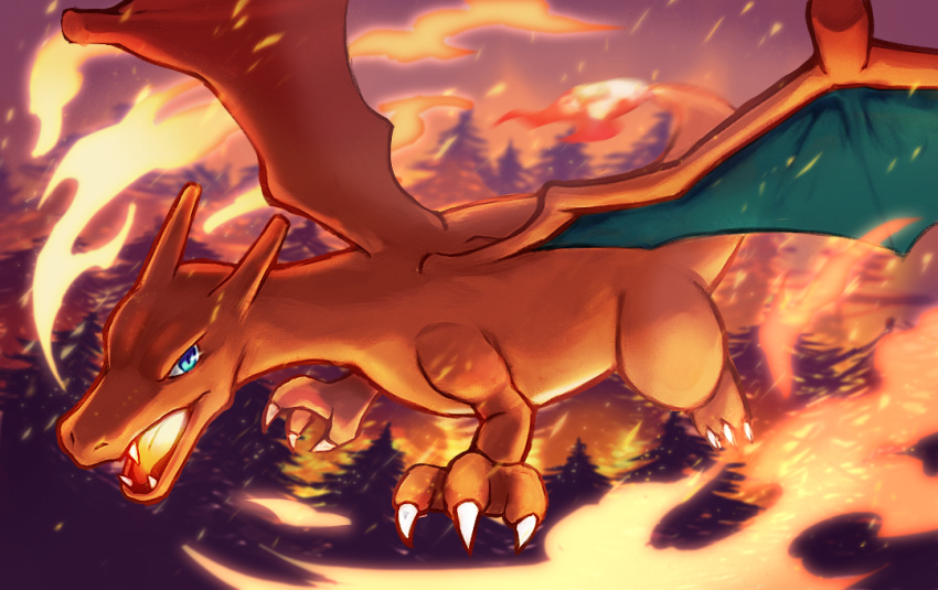 blue_eyes charizard claws commentary fangs fire flying gen_1_pokemon no_humans nora_(le-chat-noir) open_mouth outdoors pokemon pokemon_(creature) solo tree