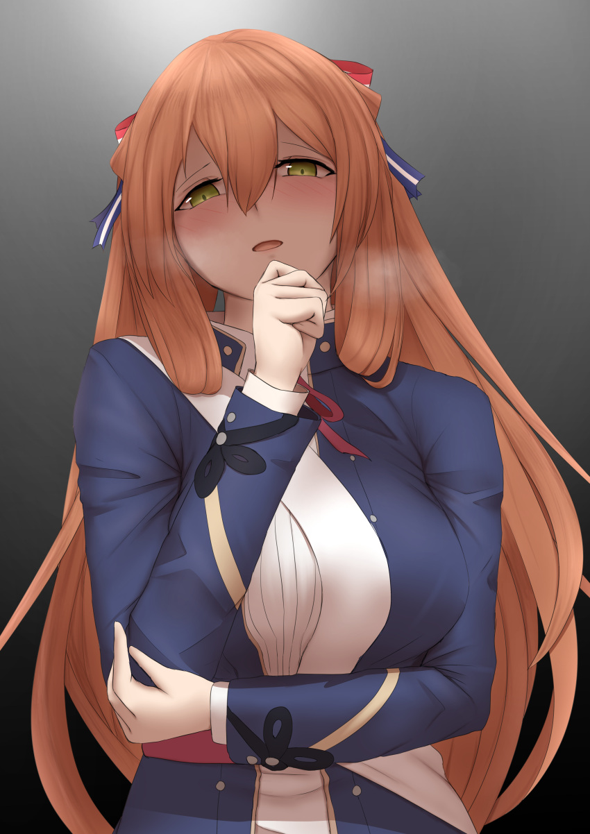 1girl absurdres bangs blush bow breasts girls_frontline green_eyes hair_bow hand_on_own_chin heavy_breathing highres large_breasts long_hair m1903_springfield_(girls_frontline) orange_hair shaded_face sidelocks solo tun_turu10 very_long_hair