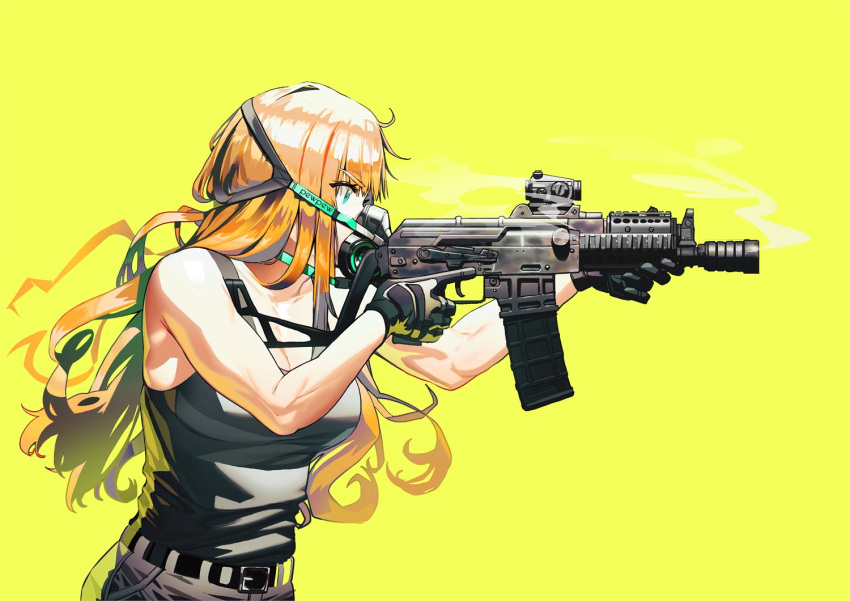 1girl aiming aks-74u aqua_eyes assault_rifle belt black_tank_top from_side gas_mask gloves gun holding holding_gun holding_weapon long_hair orange_hair original rifle serious smoke solo tank_top toned tttatical upper_body wavy_hair weapon yellow_background