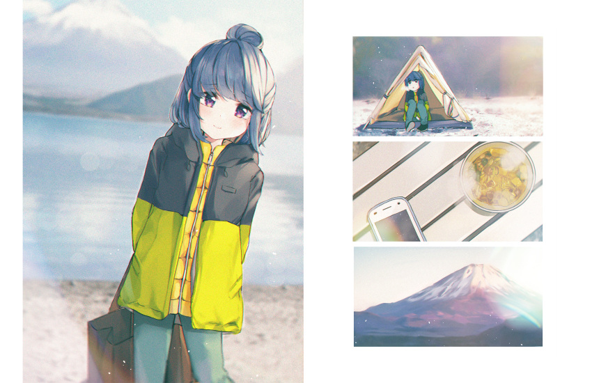 1girl beach blue_hair blurry blurry_background closed_mouth food hair_bun highres jacket lake long_hair looking_at_viewer mount_fuji noodles outdoors pants phone ramen red_eyes ringosutta shima_rin sky smile solo standing tent vest water yurucamp