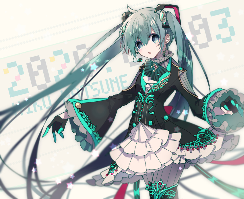 1girl 2020 black_coat black_gloves blue_bow blue_eyes blue_hair blue_neckwear blurry blurry_background bow bowtie coat cowboy_shot cyawa dated depth_of_field earrings floating_earring gloves half_gloves hatsune_miku headgear jewelry long_hair long_sleeves looking_at_viewer microphone multicolored multicolored_clothes multicolored_gloves outstretched_arms pantyhose parted_lips solo spread_arms standing very_long_hair vocaloid white_legwear