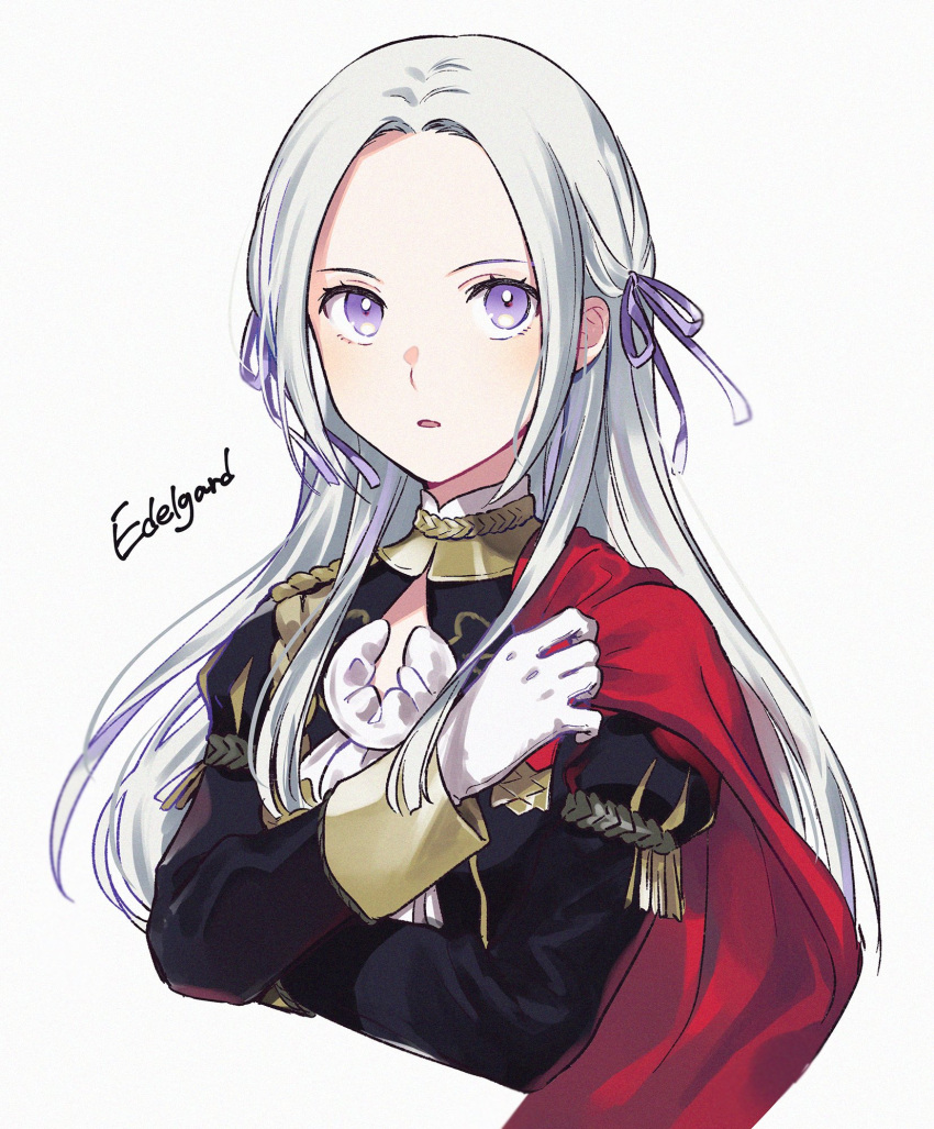 1girl blush cape character_name edelgard_von_hresvelg fire_emblem fire_emblem:_three_houses forehead fringe_trim fuji_fujino gloves hair_ribbon highres long_hair long_sleeves looking_at_viewer parted_lips purple_ribbon red_cape ribbon sidelocks silver_hair simple_background solo violet_eyes white_background white_gloves