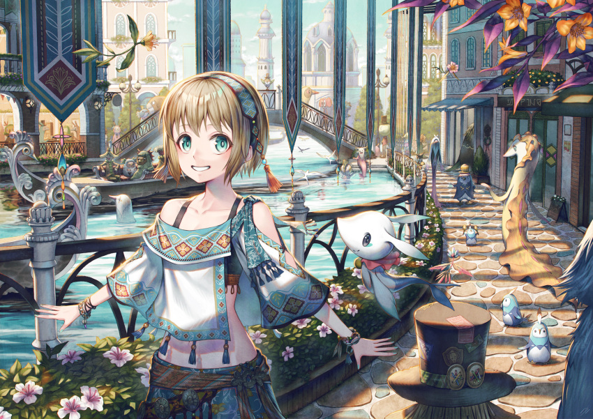 1girl :d animal black_headwear blonde_hair blue_eyes boat bracelet bridge building city day fantasy flower hat highres jewelry midriff nail_polish open_mouth original outdoors path sho_(sumika) short_hair smile standing top_hat walking water watercraft