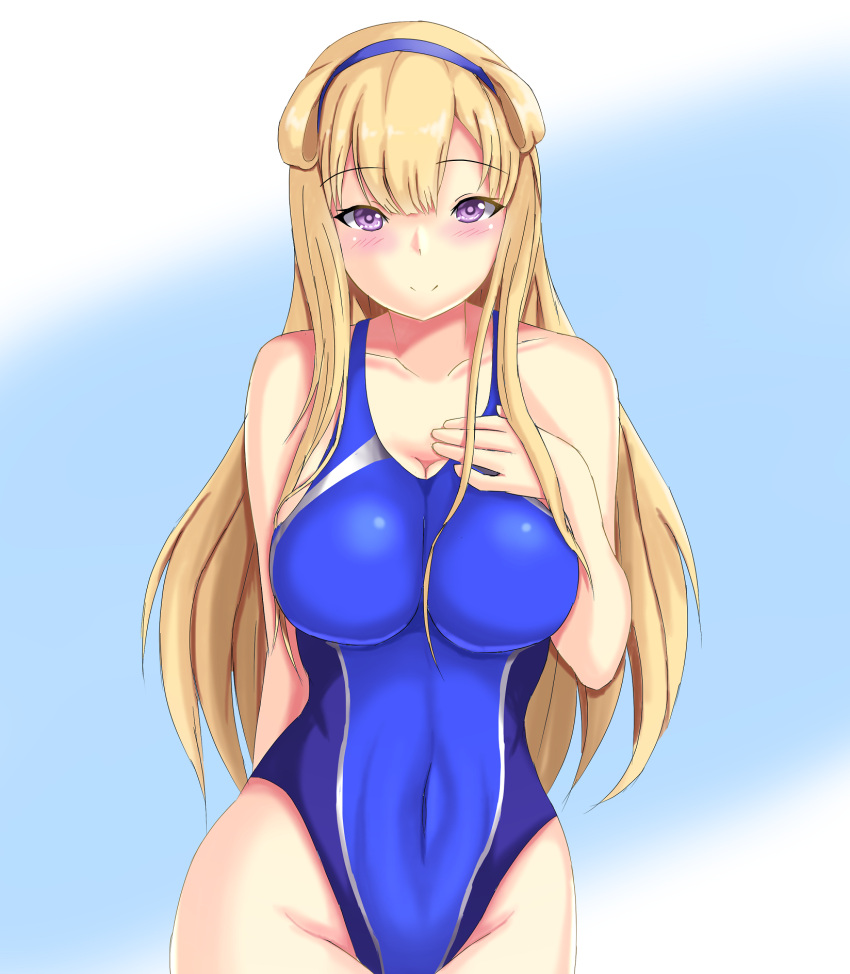 1girl arms_behind_back blonde_hair blue_background blue_swimsuit blush breasts collarbone competition_swimsuit cowboy_shot double_bun eyebrows_visible_through_hair fletcher_(kantai_collection) gradient gradient_background hair_between_eyes hairband hand_on_own_chest highleg highleg_swimsuit highres kantai_collection large_breasts long_hair looking_at_viewer montemasa one-piece_swimsuit solo standing swimsuit violet_eyes