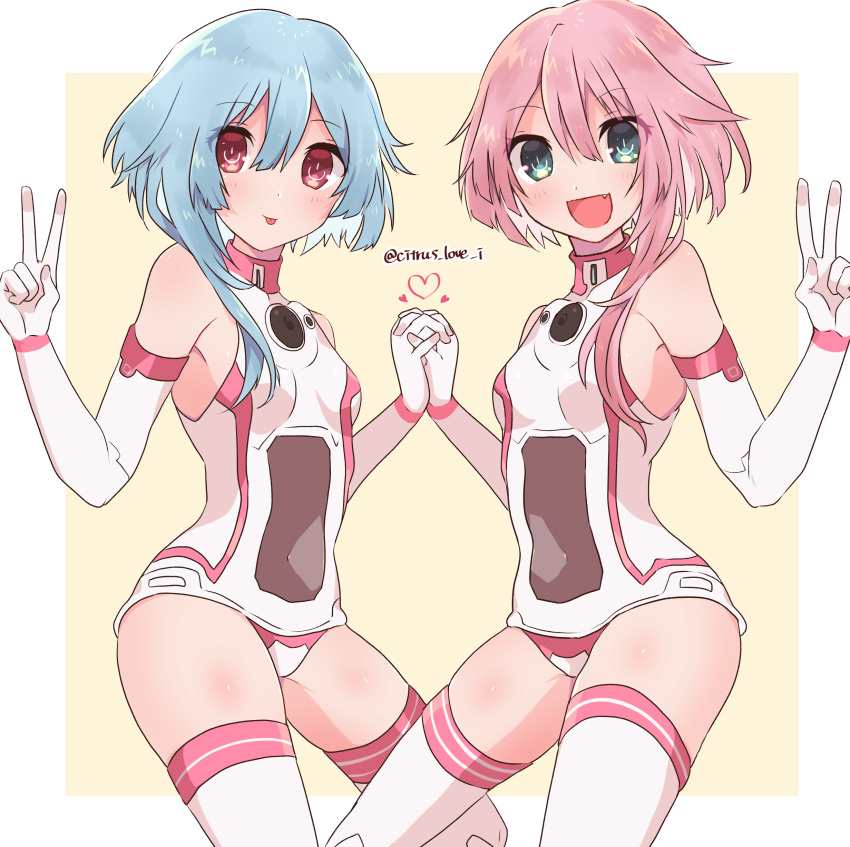 2girls absurdres bare_shoulders blue_eyes blue_hair blush elbow_gloves gloves haruna_endp7427 heart highres long_hair looking_at_viewer multiple_girls neptune_(series) open_mouth pink_hair power_symbol siblings sisters smile symbol-shaped_pupils twins twitter_username white_sister_ram white_sister_rom