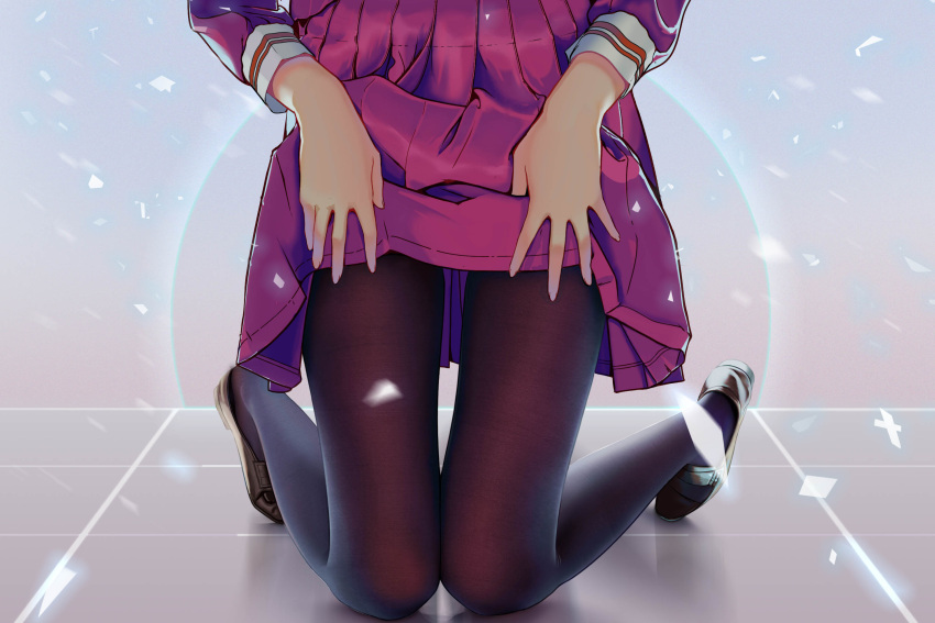 1girl black_legwear chinese_commentary commentary_request highres kneeling knees_together_feet_apart lifted_by_self lower_body original pantyhose photoshop_(medium) pink_skirt qizhu revision shoes skirt skirt_lift tile_floor tiles uniform