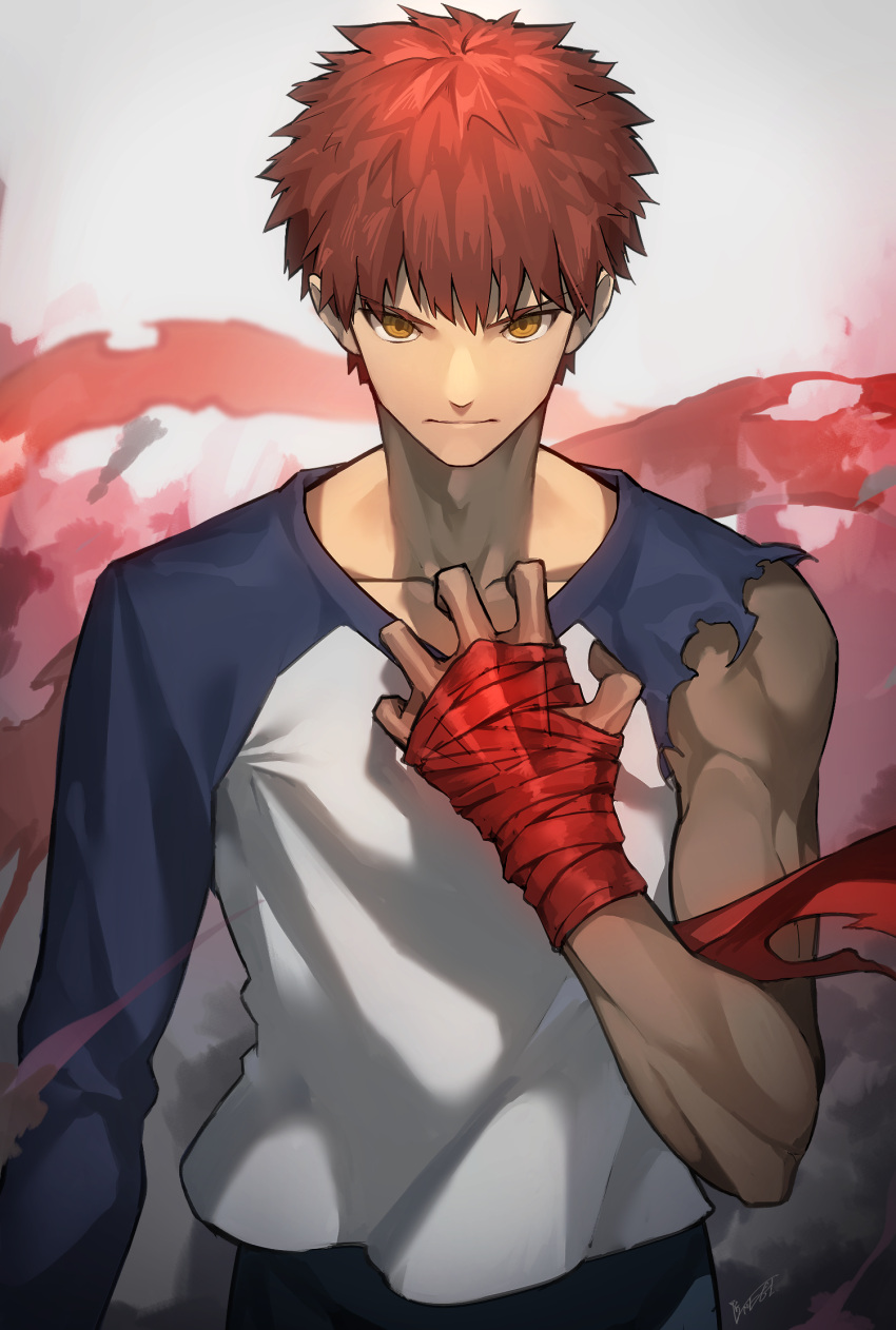 1boy bandaged_hand bangs closed_mouth collarbone commentary_request emiya_shirou fate/stay_night fate_(series) heaven's_feel highres kamonegi_(meisou1998) long_sleeves looking_at_viewer male_focus muscular raglan_sleeves redhead serious shirt short_hair shroud_of_martin single_bare_shoulder solo torn_clothes upper_body yellow_eyes