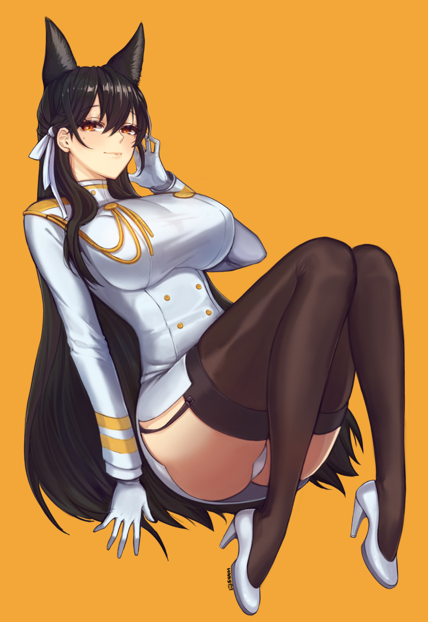 1girl absurdres aiguillette animal_ears atago_(azur_lane) azur_lane black_hair breasts brown_legwear double-breasted full_body garter_straps gloves hair_behind_ear hair_ribbon hand_in_hair high_heels highres impossible_clothes impossible_jacket jacket large_breasts long_hair looking_at_viewer raoul_(raoul77) red_eyes ribbon shoes skirt solo thigh-highs very_long_hair white_footwear white_gloves white_jacket white_ribbon white_skirt yellow_background