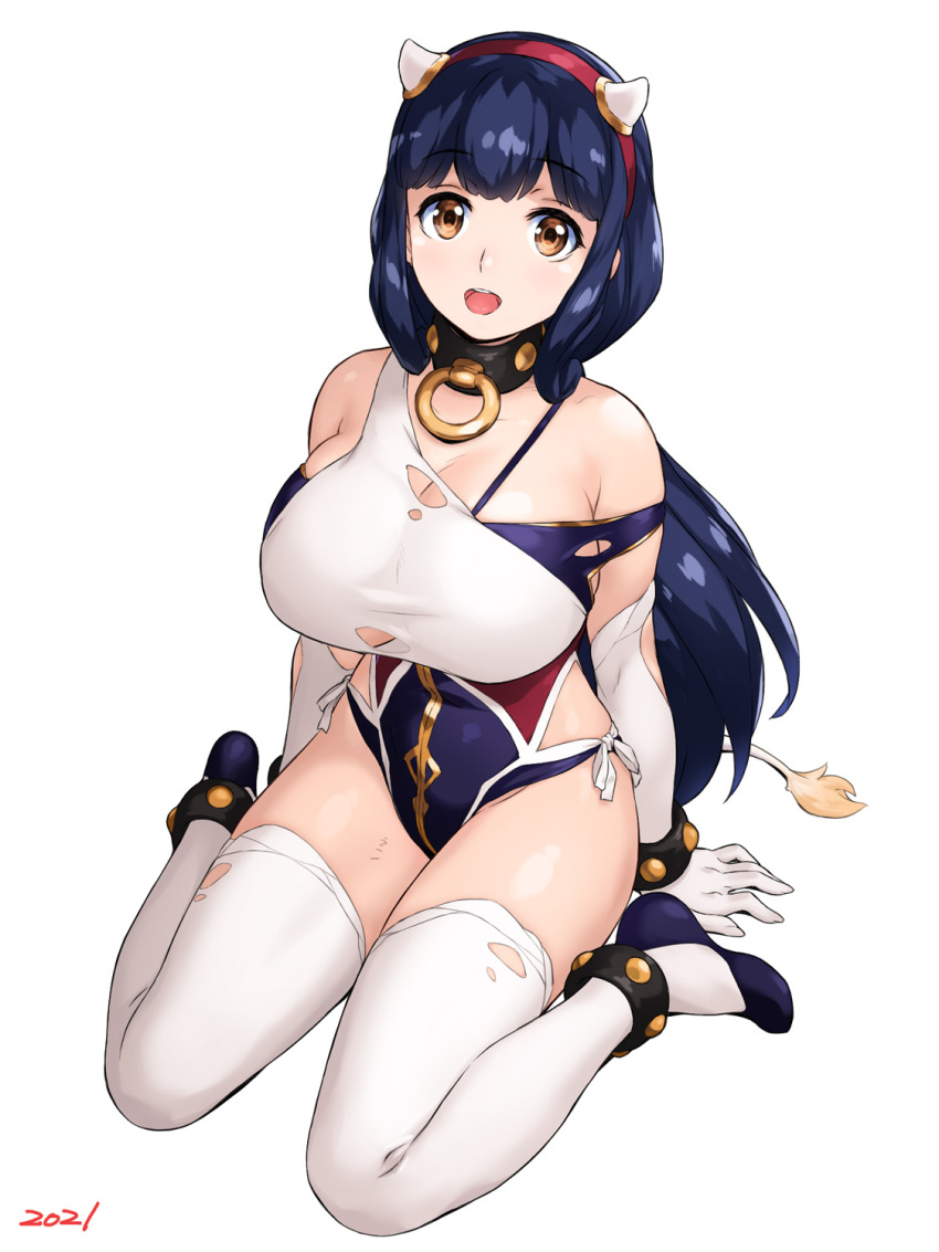 2021 :d arm_support blue_footwear blue_hair breasts brown_eyes casual_one-piece_swimsuit chinese_zodiac collar cow_horns cow_tail hairband highres horns large_breasts new_year off-shoulder_swimsuit off_shoulder one-piece_swimsuit open_mouth original red_hairband side-tie_swimsuit sitting smile swimsuit tail thigh-highs torn_clothes torn_legwear torn_swimsuit uchiu_kazuma wariza white_legwear year_of_the_ox
