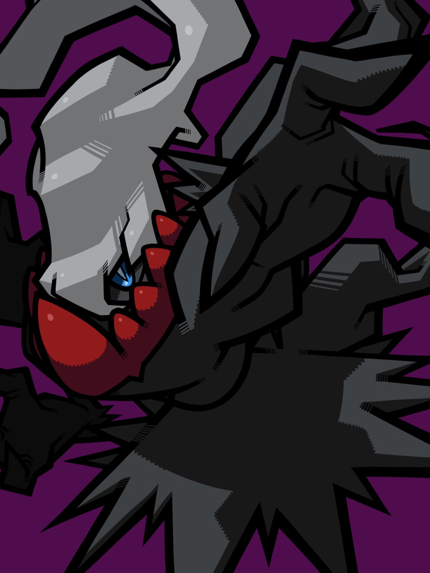 blue_eyes bright_pupils darkrai gen_4_pokemon highres mythical_pokemon no_humans omoti_sakamoto pokemon pokemon_(creature) purple_background simple_background solo thick_outlines