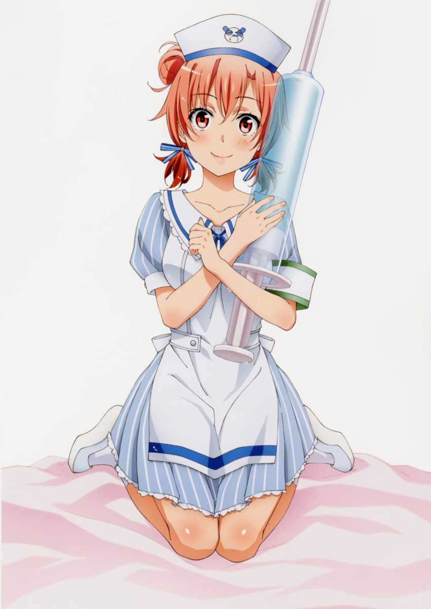 1girl absurdres apron armband back_bow bangs bed_sheet blue_dress bow closed_mouth collarbone crossed_arms dress eyebrows_visible_through_hair frilled_dress frills full_body hair_bun hair_ribbon hat highres holding holding_syringe knees_together_feet_apart looking_at_viewer nurse nurse_cap official_art orange_hair oversized_object ribbon scan short_sleeves short_twintails simple_background sitting smile socks solo striped syringe twintails vertical_stripes wariza white_apron white_background white_footwear white_legwear yahari_ore_no_seishun_lovecome_wa_machigatteiru. yuigahama_yui