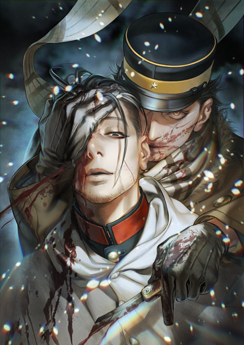 2boys black_eyes black_hair blood blood_on_face blood_splatter blue_jacket brown_gloves buttons cloak collared_jacket facial_hair gloves glowing glowing_eyes golden_kamuy hair_slicked_back hair_strand hand_on_another's_head hat head_tilt head_to_head highres hood hooded_cloak imperial_japanese_army jacket kepi male_focus military military_hat military_uniform multiple_boys ogata_hyakunosuke parted_lips pointing pointing_down scar scar_on_cheek scar_on_face scar_on_nose short_hair simple_background snowing spiky_hair spoilers stubble sugimoto_saichi undercut uniform upper_body w55674570w