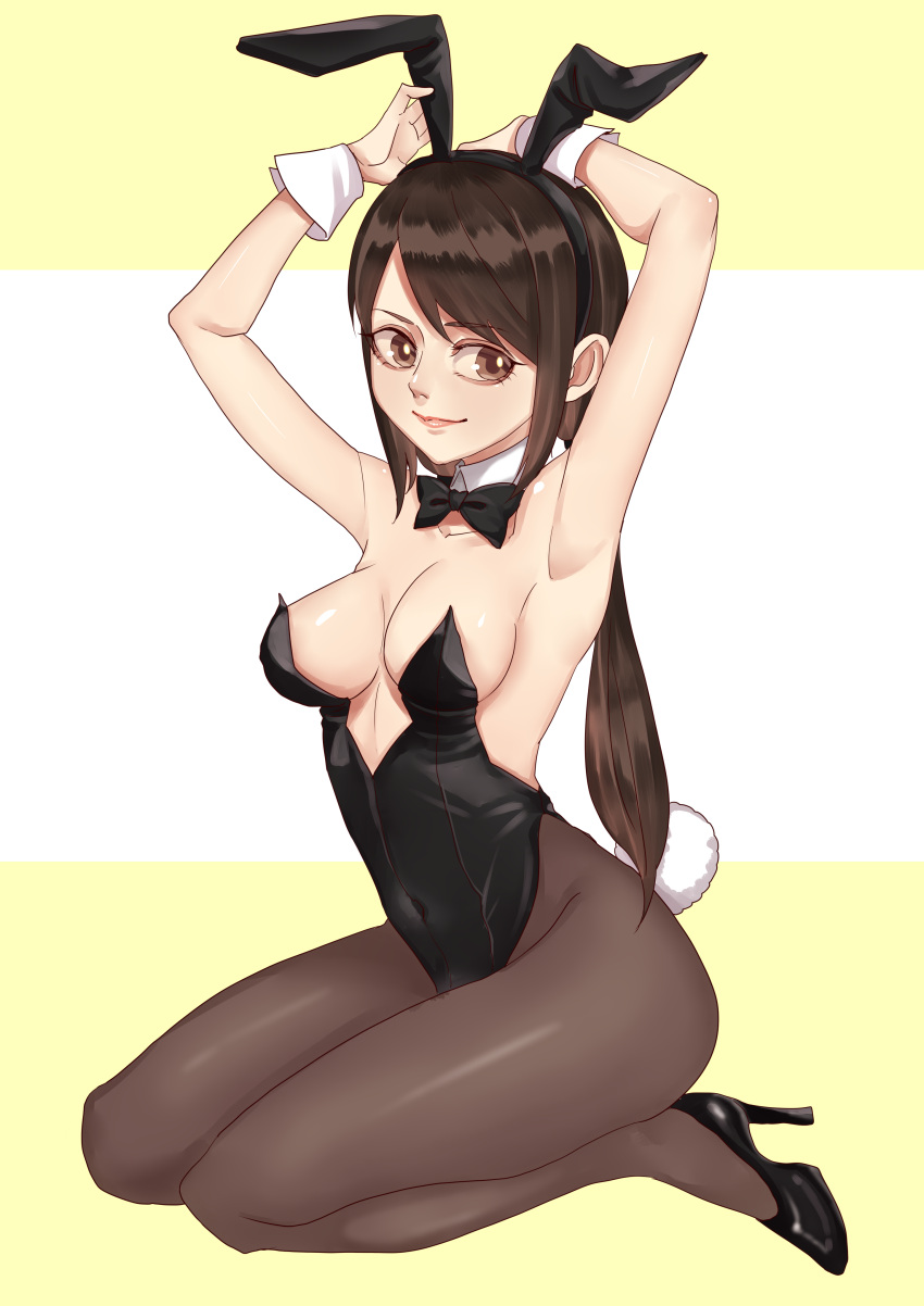 1girl ababa absurdres animal_ears arms_behind_head arms_up black_hair black_legwear black_leotard black_neckwear bow bowtie breasts brown_eyes bunny_tail commentary_request detached_collar fake_animal_ears highres leotard long_hair looking_at_viewer medium_breasts original pantyhose playboy_bunny rabbit_ears sitting solo strapless strapless_leotard tail two-tone_background wariza wrist_cuffs yellow_background