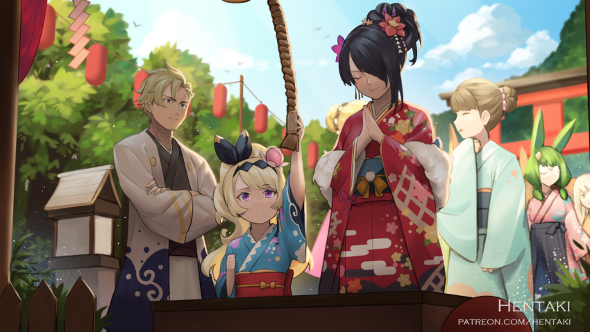 1boy 6+girls animal_ears arm_up artist_name bangs black_hair black_kimono black_ribbon blonde_hair blue_kimono blurry blurry_background brown_hair cassandra_(dragalia_lost) character_request commentary crossed_arms curran_(dragalia_lost) depth_of_field dragalia_lost egasumi english_commentary eyebrows_visible_through_hair floral_print flower glasses green_eyes green_hair hair_bun hair_flower hair_ornament hair_over_one_eye hair_ribbon hands_together hentaki japanese_clothes kimono lathna long_sleeves multiple_girls obi opaque_glasses own_hands_together palms_together pink_flower print_kimono rabbit_ears red_flower red_kimono ribbon round_eyewear sash sleeves_past_fingers sleeves_past_wrists violet_eyes watermark web_address wide_sleeves