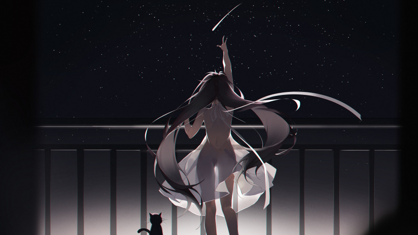 1girl absurdres animal arm_up backless_dress backless_outfit backlighting bare_arms bare_legs bare_shoulders black_cat black_hair cat dress facing_away feet_out_of_frame from_behind highres kneepits night night_sky original railing reaching_out ribbon see-through shijiuqaq shooting_star sky solo standing star_(sky) starry_sky white_dress white_ribbon