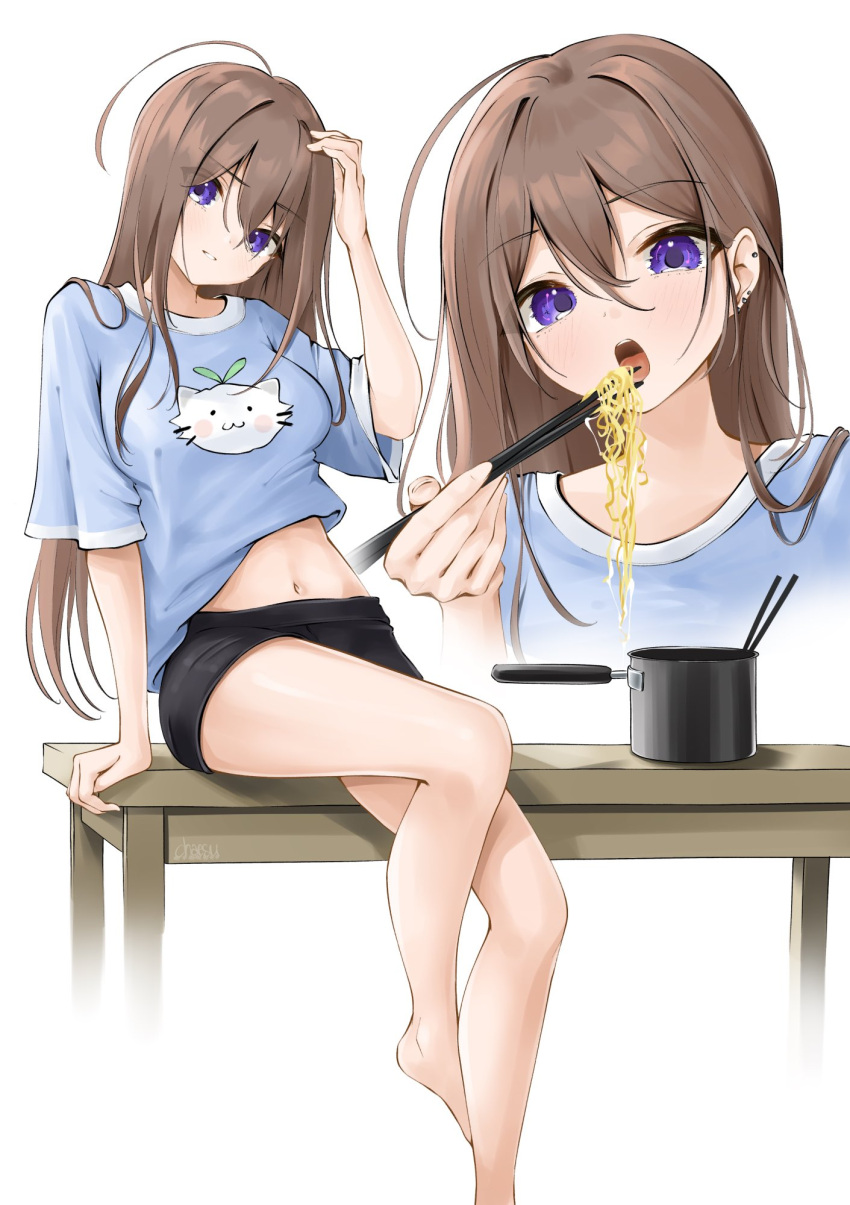 1girl black_shorts blue_eyes blue_shirt borrowed_character breasts brown_hair chaesu chopsticks ear_piercing earrings eyebrows_visible_through_hair food foot_out_of_frame hair_between_eyes highres jewelry long_hair looking_at_viewer medium_breasts midriff_peek multiple_views nana_(kurisustinah) navel noodles original parted_lips piercing print_shirt shirt shorts sitting sitting_on_table table white_background