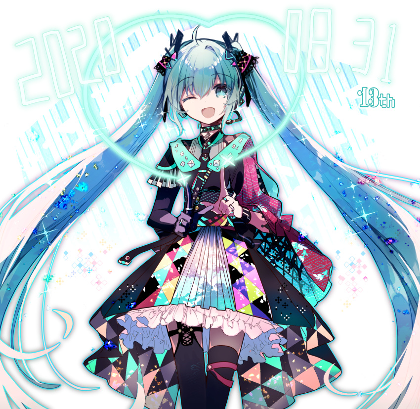 1girl :d black_legwear blue_eyes blue_hair blue_skirt choker colored_skin cyawa dated eyebrows_visible_through_hair green_choker hair_ornament hatsune_miku headset heart highres long_hair looking_at_viewer microphone multicolored multicolored_skin one_eye_closed one_side_up open_mouth skirt smile solo standing thigh-highs thigh_gap very_long_hair vocaloid