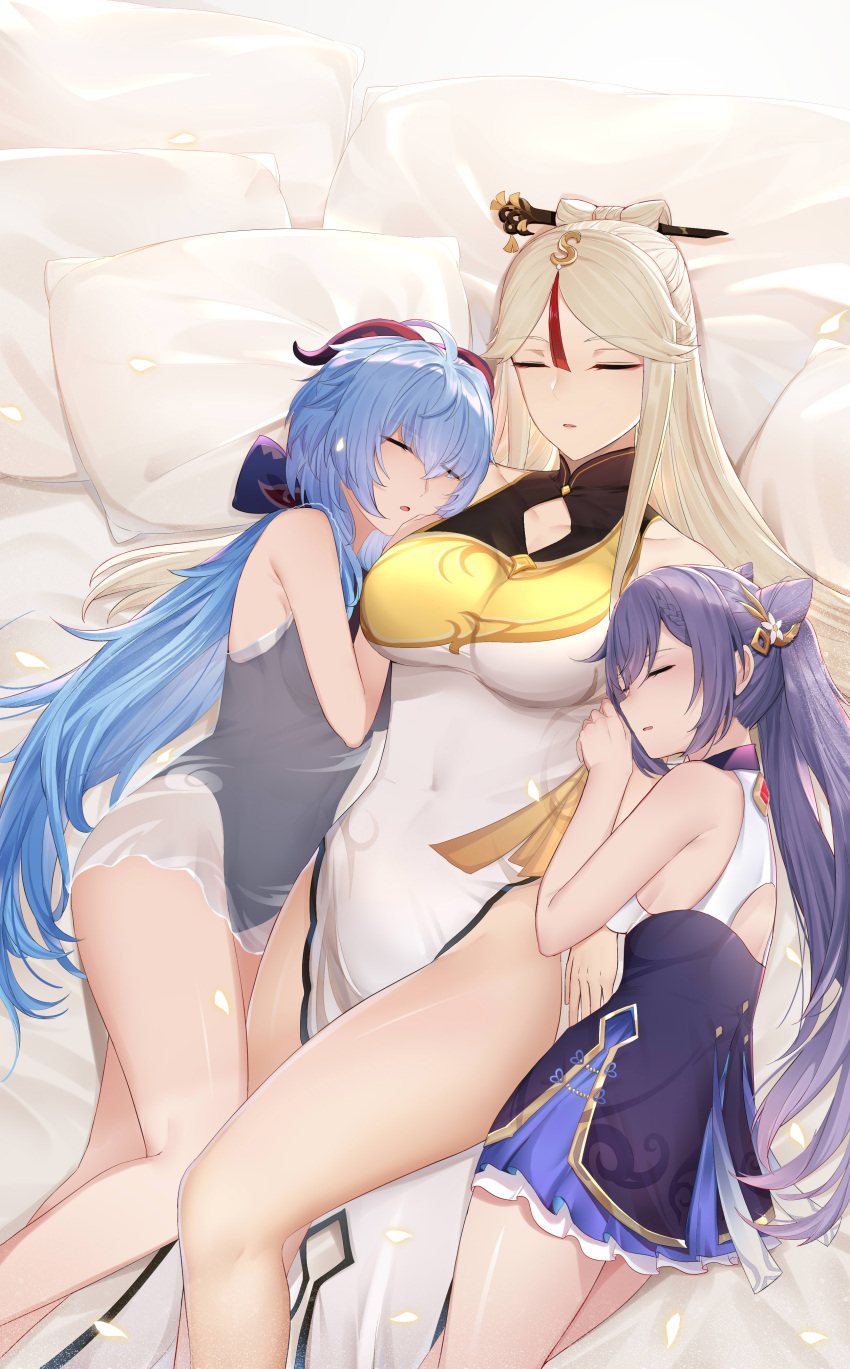 3girls 7t absurdres bare_legs bed_sheet blue_hair breasts chinese_clothes closed_eyes commentary_request covered_navel dress ganyu_(genshin_impact) genshin_impact highres holding_arm horns keqing_(genshin_impact) large_breasts legs leotard leotard_under_clothes looking_at_viewer low_ponytail lying multiple_girls nightgown ningguang on_back on_bed open_mouth parted_lips pillow purple_hair red_eyes sandwiched see-through sleeping twintails white_hair yuri