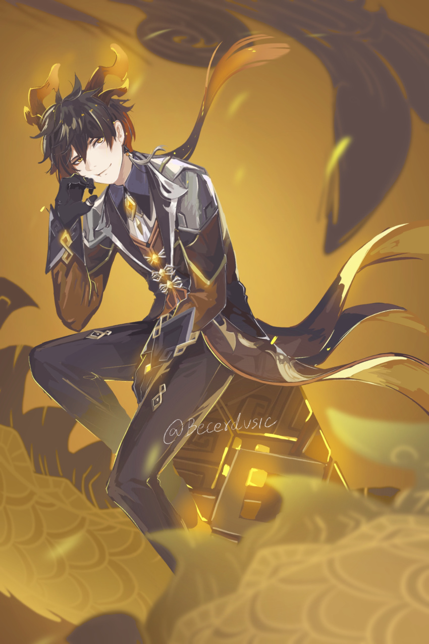1boy absurdres bangs becerdusic black_gloves black_hair brown_hair closed_mouth collar dragon dragon_horns earrings formal genshin_impact gloves glowing hair_between_eyes hand_on_own_cheek hand_on_own_face highres horns jacket jewelry long_hair long_sleeves looking_at_viewer male_focus multicolored_hair necktie ponytail rex_lapis_(genshin_impact) ring scales simple_background single_earring smile solo suit tassel tassel_earrings thumb_ring yellow_eyes zhongli_(genshin_impact)